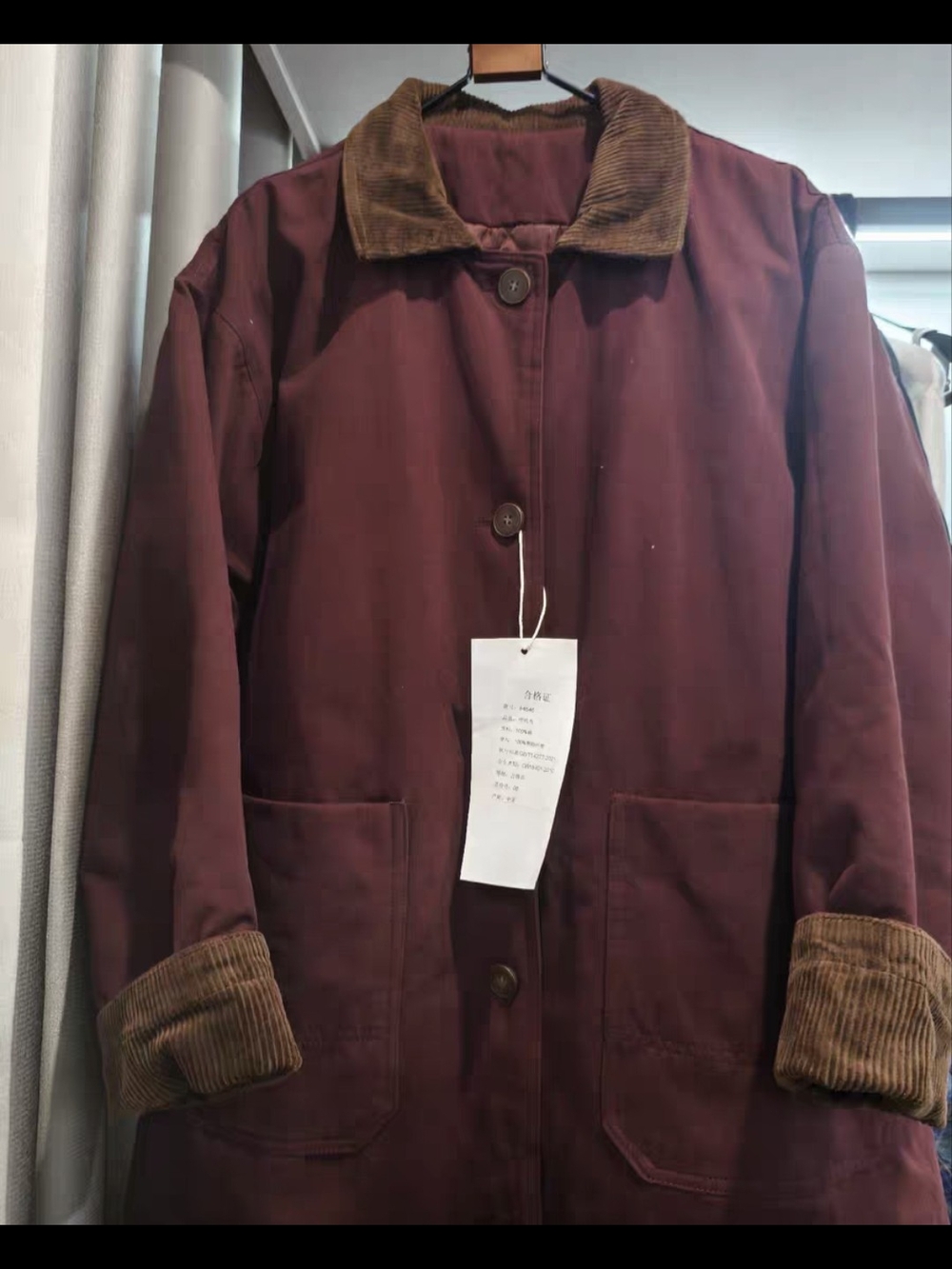 Women's Corduroy-Trim Coat in Burgundy